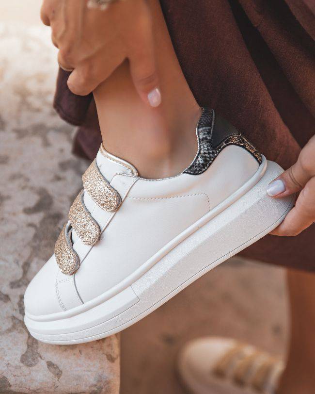 Basket sneakers femme blanche à scratch - CL24 GOLD - Casualmode.fr