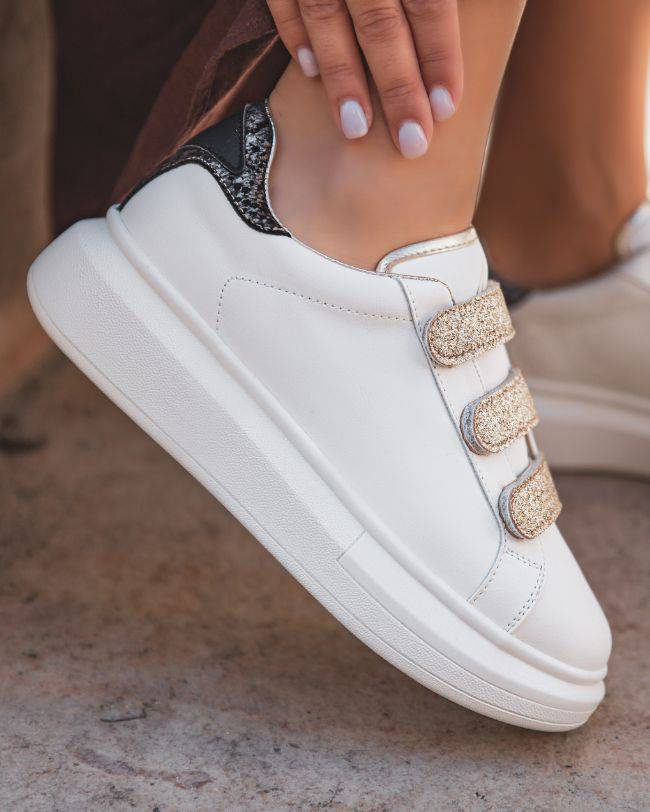 Basket sneakers femme blanche à scratch - CL24 GOLD - Casualmode.fr