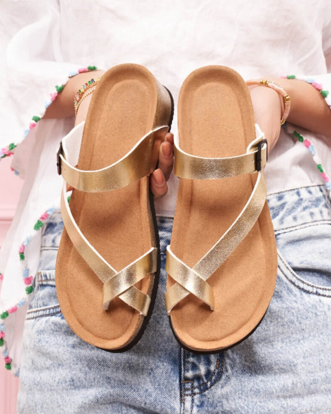 Sandale femme compensée mule dorée - Basma - Casualmode.fr
