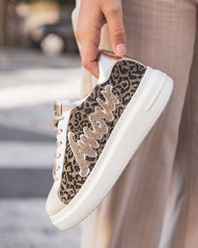 Basket femme léopard à paillettes argentées - Brenda - Casualmode.fr