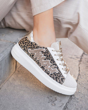 Basket femme léopard à paillettes argentées - Brenda - Casualmode.fr