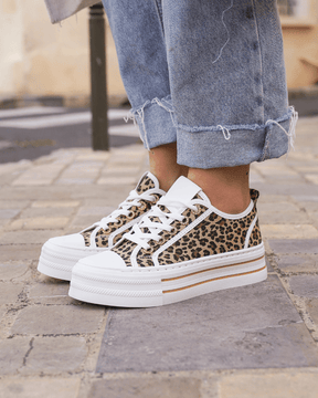 Basket femme compensée léopard à lacets - Ludivine - Casualmode.fr