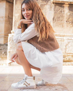Basket femme montante blanche et dorée - CL71 WHITE - Casualmode.fr