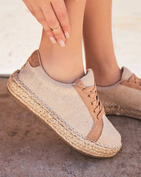 Basket espadrille femme beige et camel à lacets - Jennifer - Casualmode.fr