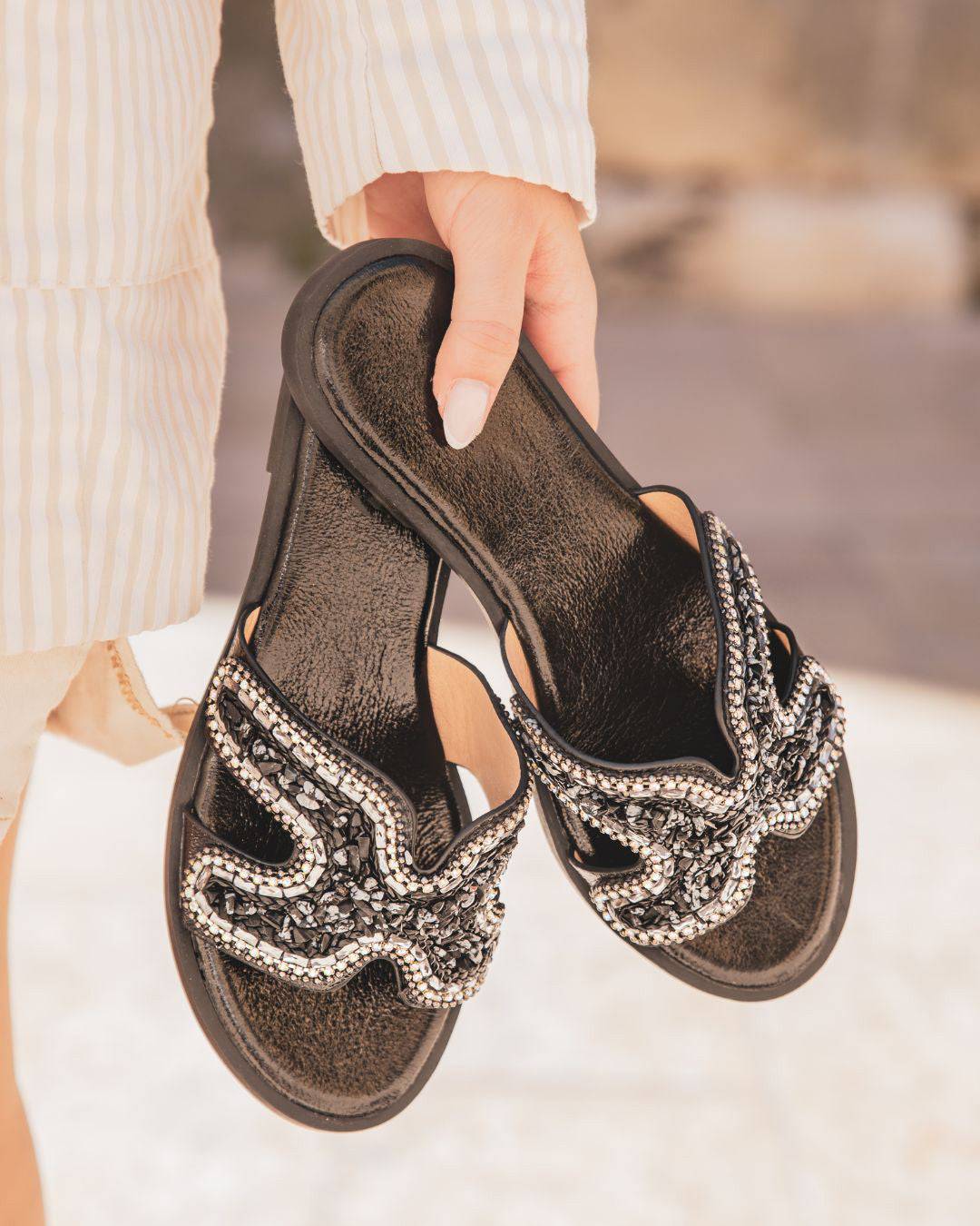 Sandale femme plate mule noir - Perle - Casualmode.fr