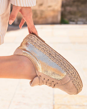Basket espadrille femme beige et dorée à lacets - Jennifer - Casualmode.fr