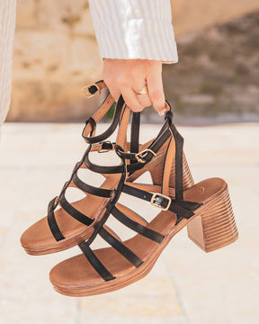 Sandale femme à talon carré spartiate noir - Blandine - Casualmode.fr