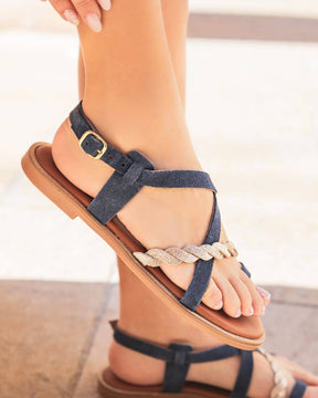 Sandale plate en CUIR bleu - femme - MJNP89 - Casualmode.fr
