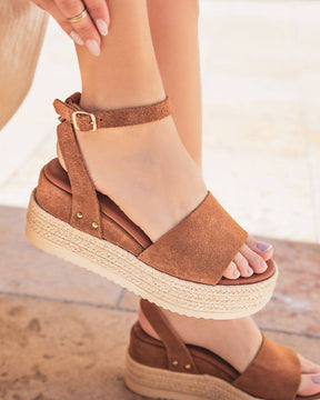 Sandale femme compensée CUIR camel - MJNP92 - Casualmode.fr