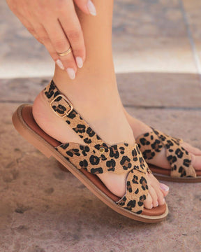 Sandale plate en CUIR léopard pour femme - MJNP86 - Casualmode.fr