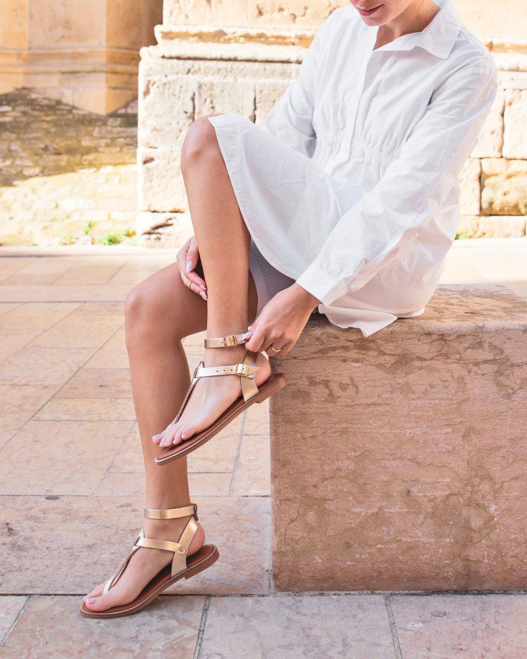 Sandale plate en CUIR doré - femme - MJNP85 - Casualmode.fr