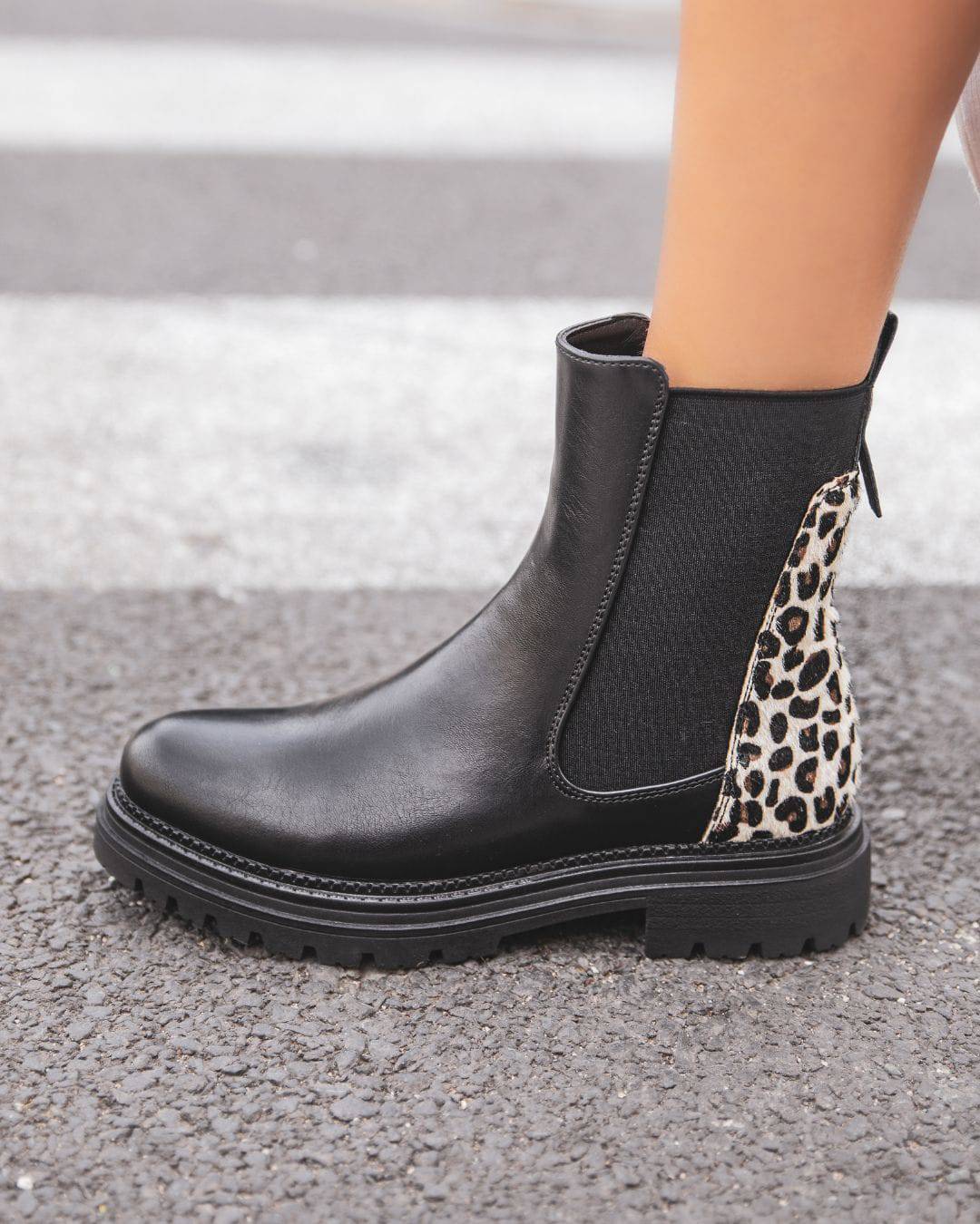 Bottines noires femme avec imprimé léopard - Thalia - Casualmode.fr