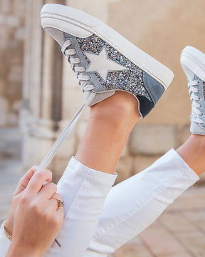 Basket femme bleue jeans paillettes étoile - Claudia - Casualmode.fr