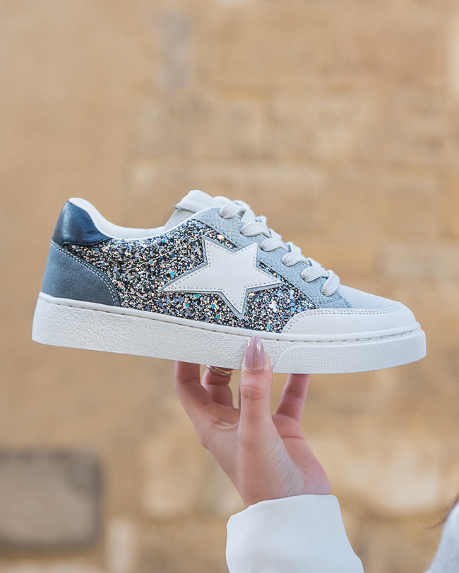 Basket femme bleue jeans paillettes étoile - Claudia - Casualmode.fr