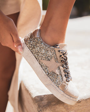 Basket femme paillettes dorées à lacets - Roxane - Casualmode.fr